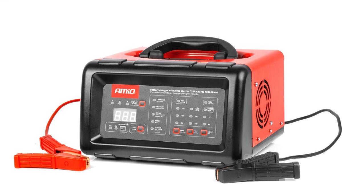Chargeur de batterie Amio 20a 6v 12v avec fonction de démarrage 100a - pour batteries agm gel MF et humides usage professionnel
