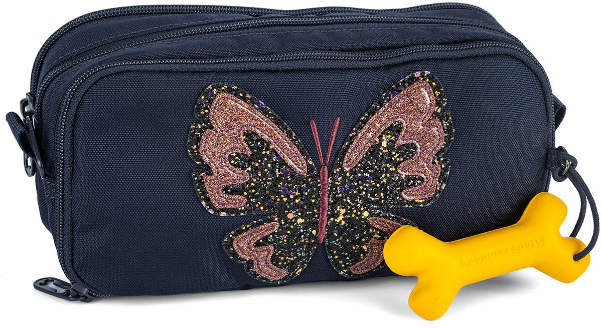 Stones and bones rowan 2.0 - trousse - trousse enfant - 3 compartiments - papillon pailleté - bleu foncé