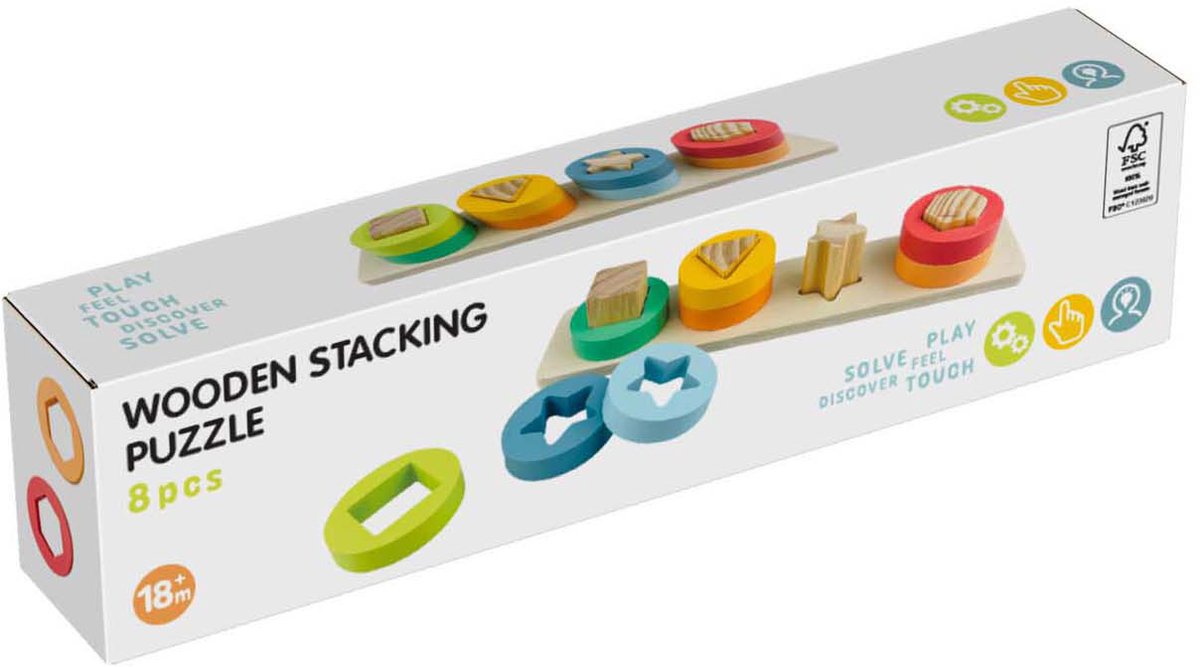 Puzzle à empiler en bois avec formes, 9 pièces.
