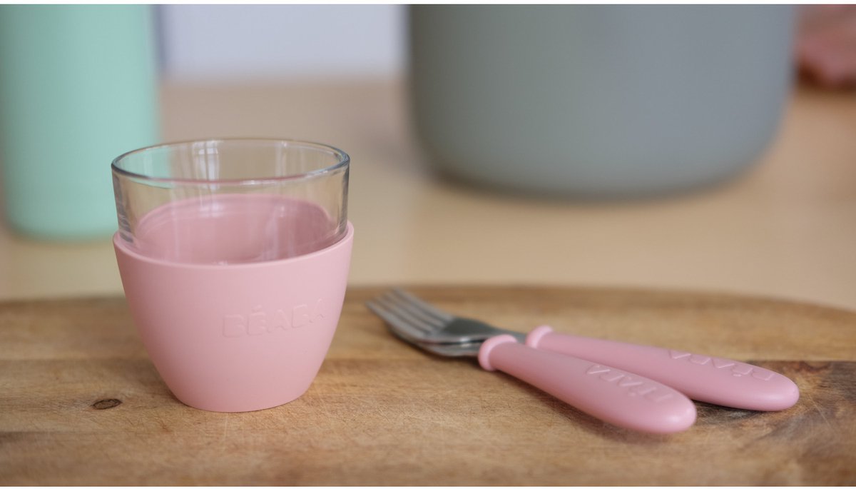 Service de table en verre Béaba - eucalyptus - 3 pièces - assiette, bol gobelet - avec ventouse - pour enfant de 1 à 6 ans