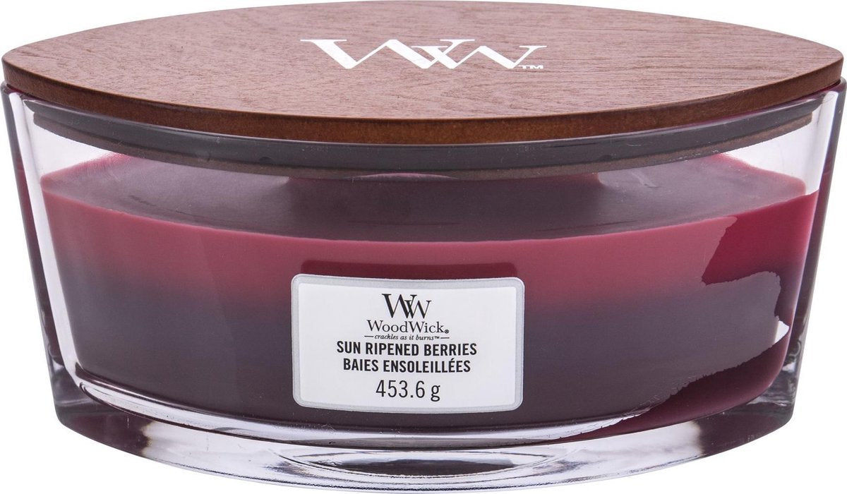 Bougie parfumée ellipse Woodwick Heartwick Flame Trilogy - Baies mûries au soleil - 50 heures de combustion