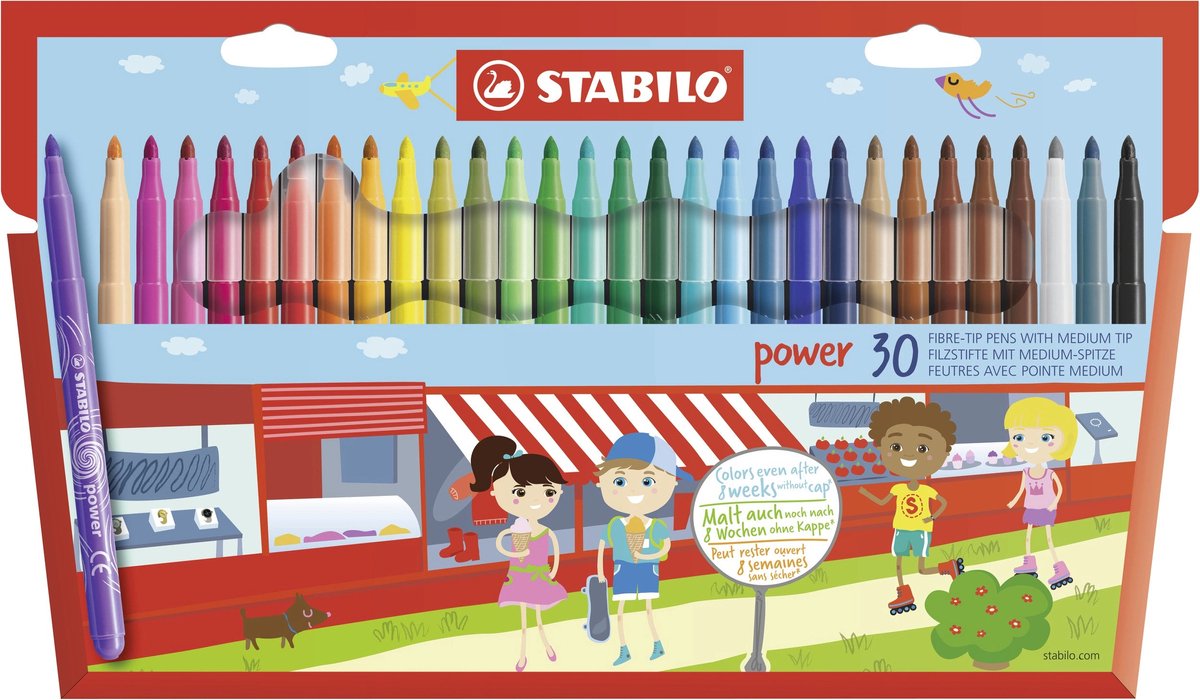 Stabilo power - feutre - jusqu'à 8 semaines sans capuchon - étui de 30 couleurs