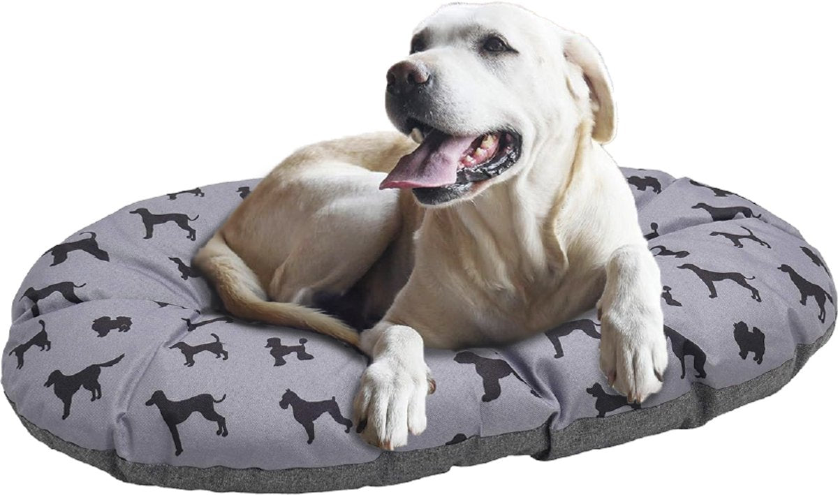 Coussin pour chien en palissandre toutes saisons ovale imprimé chien gris