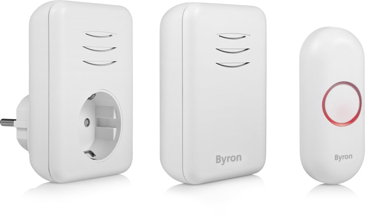 Byron dby-22316 - kit de sonnette sans fil - portée 150 m - étanche ip44 - blanc