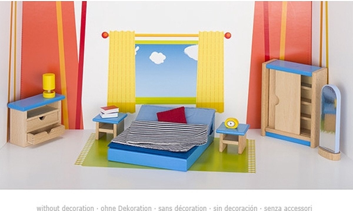 Meubles pour maison de poupée Goki : chambre à coucher moderne 14 pièces (y compris linge de lit, hors TVA)