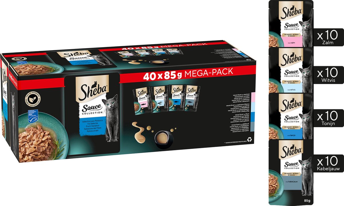 Collection de sauces alimentaires pour chats Sheba - nourriture humide - sélection de poissons en sauce - méga pack 40 x 85g