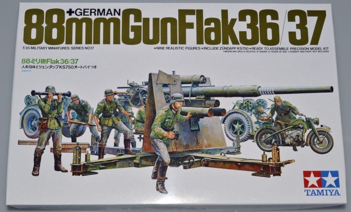 Tamiya – maquette de véhicules militaires, 35017, flak allemand 8.8 kanone avec moto en plastique, 1:35, modélisme