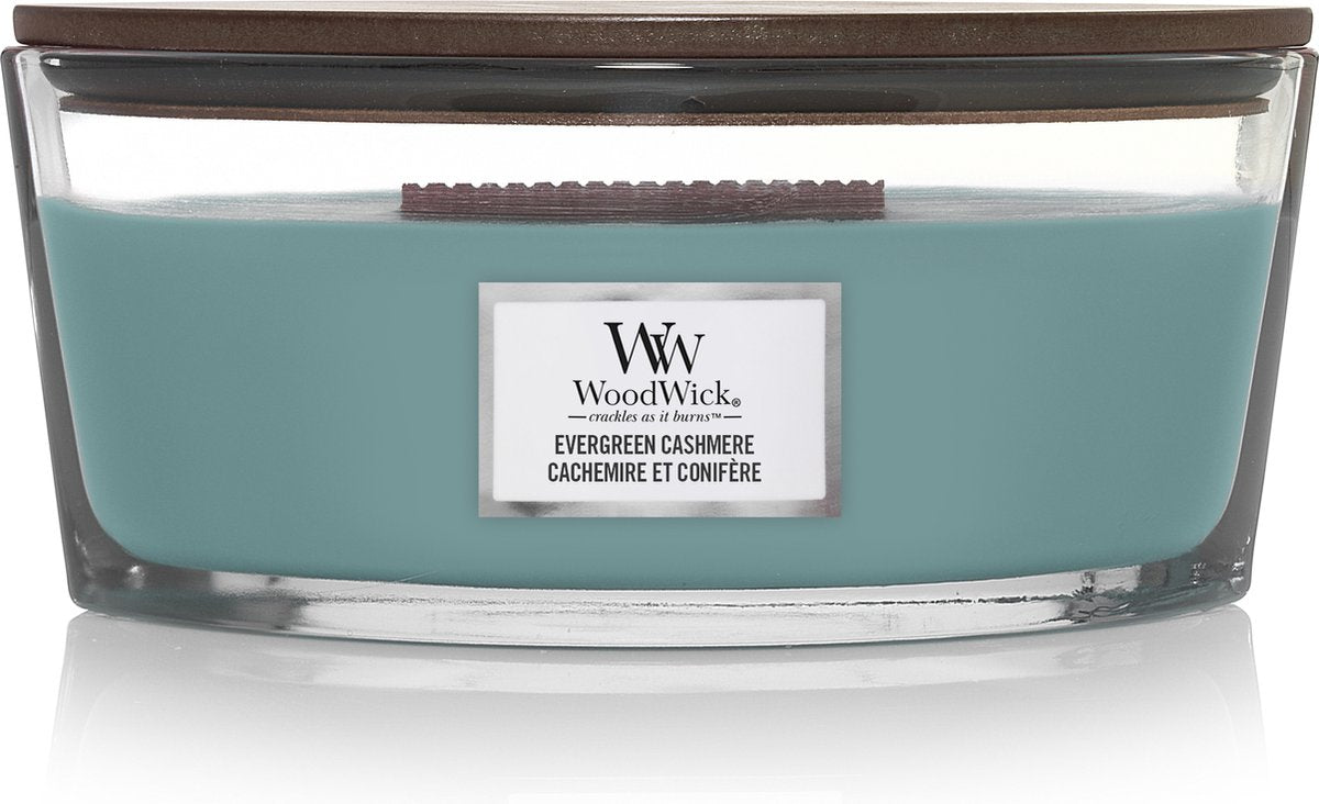 Bougie parfumée Woodwick Heartwick Flame Ellipse - Cachemire à feuilles persistantes - 50 heures de combustion