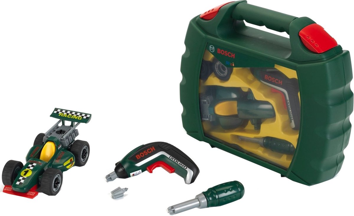 Klein Toys Valise Bosch Mini Ixolino II Grand Prix - Voiture de course amovible, tournevis sans fil et tournevis - incl. effets lumineux et sonores - vert noir