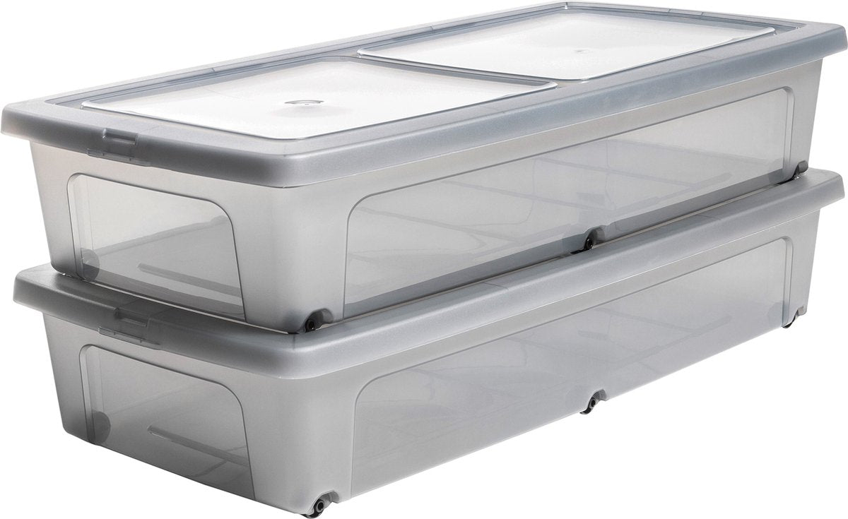 Iris clearbox opbergbox - onder-het-bed - 35l - kunststof - transparant grijs - met wielen - set van 2