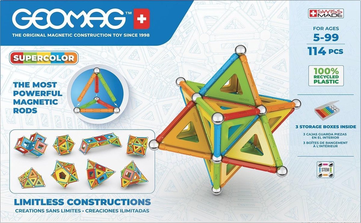 Geomag super color recyclé - jouets de construction magnétiques avec panneaux - 114 pièces - à partir de 5 ans