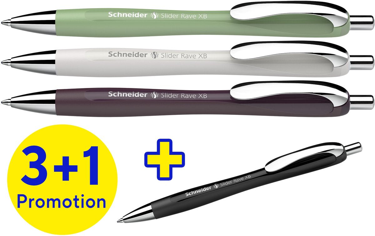 Stylo à bille Schneider instruments d'écriture Schneider - slider rave Trend - plume xb - boîte assortie 3 + 1 offerte - s-132684