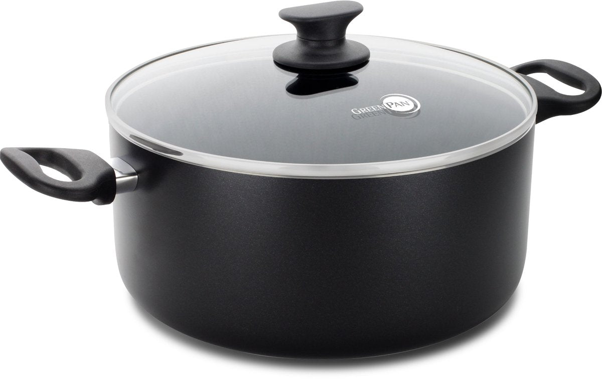 Greenpan cambridge poêle 24 cm - 5 l - revêtement antiadhésif sans PFA - poêle à induction - poêle en céramique - passe au four jusqu'à 180°c - poignées froides - couvercle en verre - noir