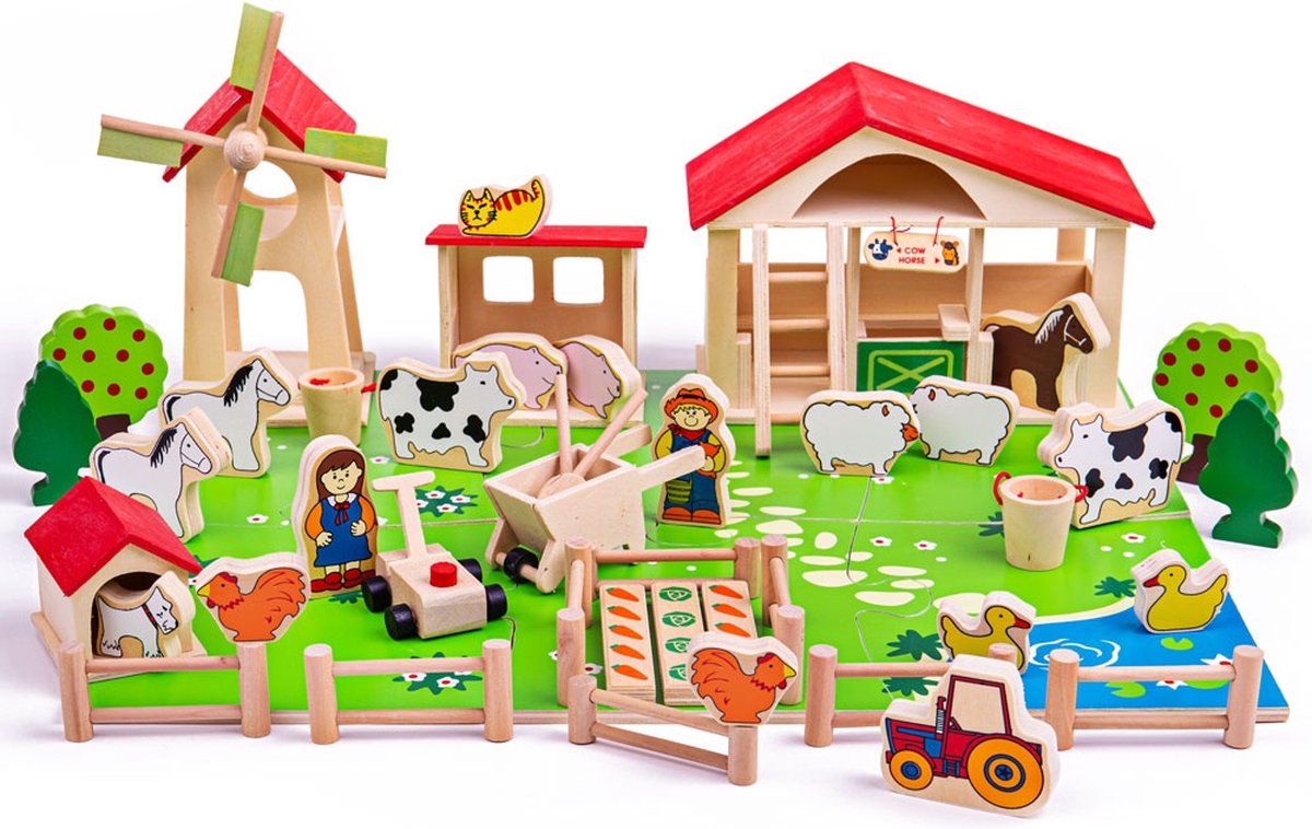 Bigjigs Wooden Play Farm avec accessoires, 48dlg.