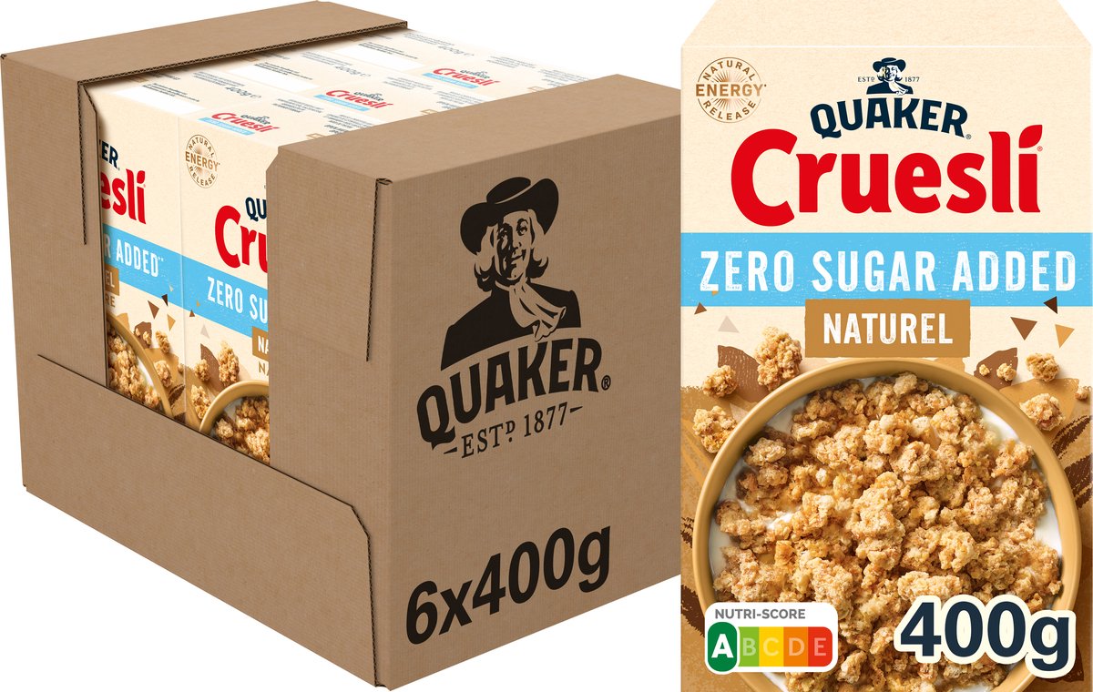 Quaker cruesli sans sucre ajouté naturel - céréales pour petit déjeuner - 6 x 400 grammes