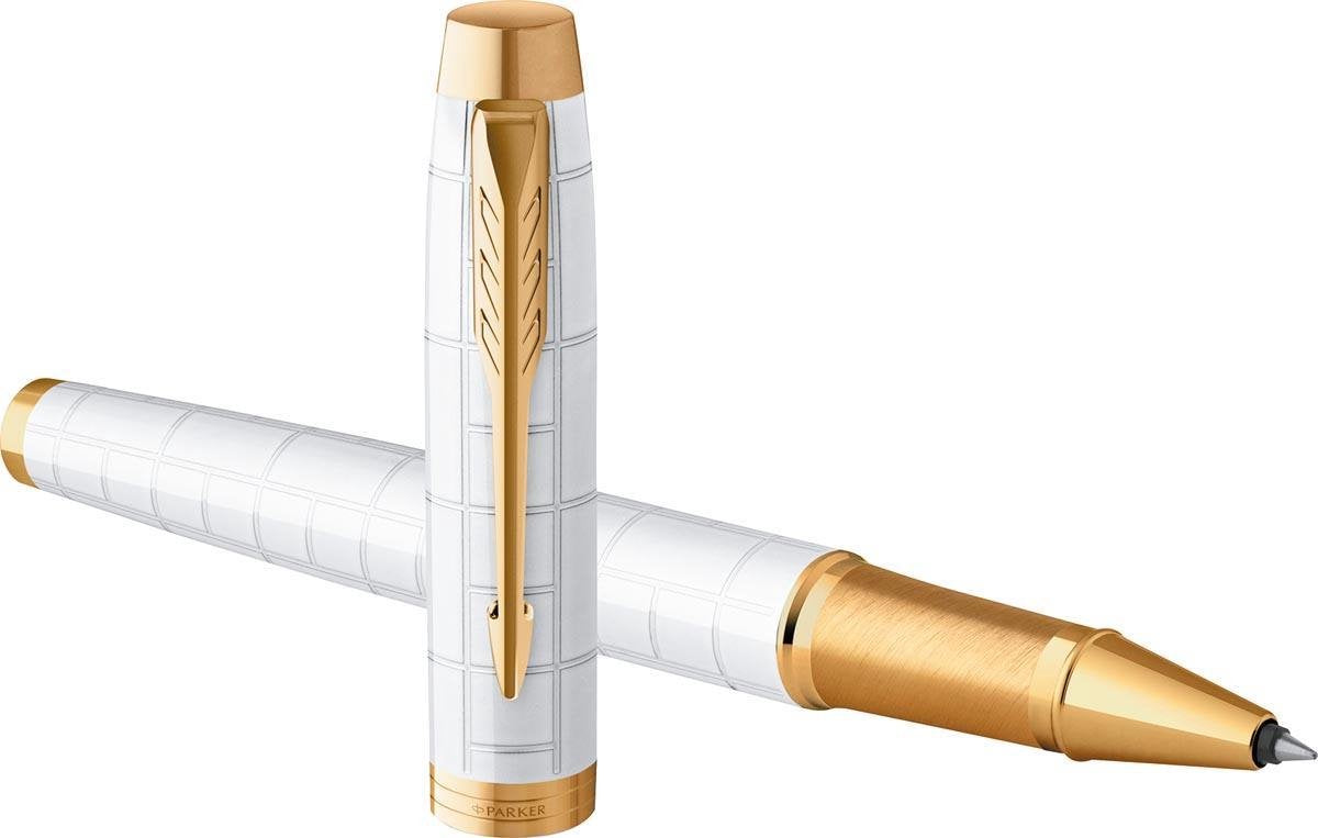 Parker im premium rollerballpen | pearl met gouden detail | fijne penpunt met blauwe inkt navulling | geschenkdoos