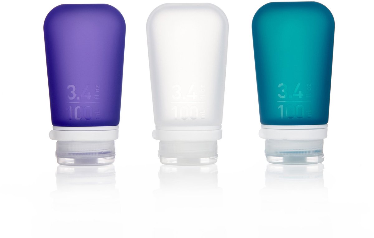 Human gear - gotoob+ 3-pack - travel bottle - flask - leak-proof - reusable - lightweight - large -100ml - clear purple teal