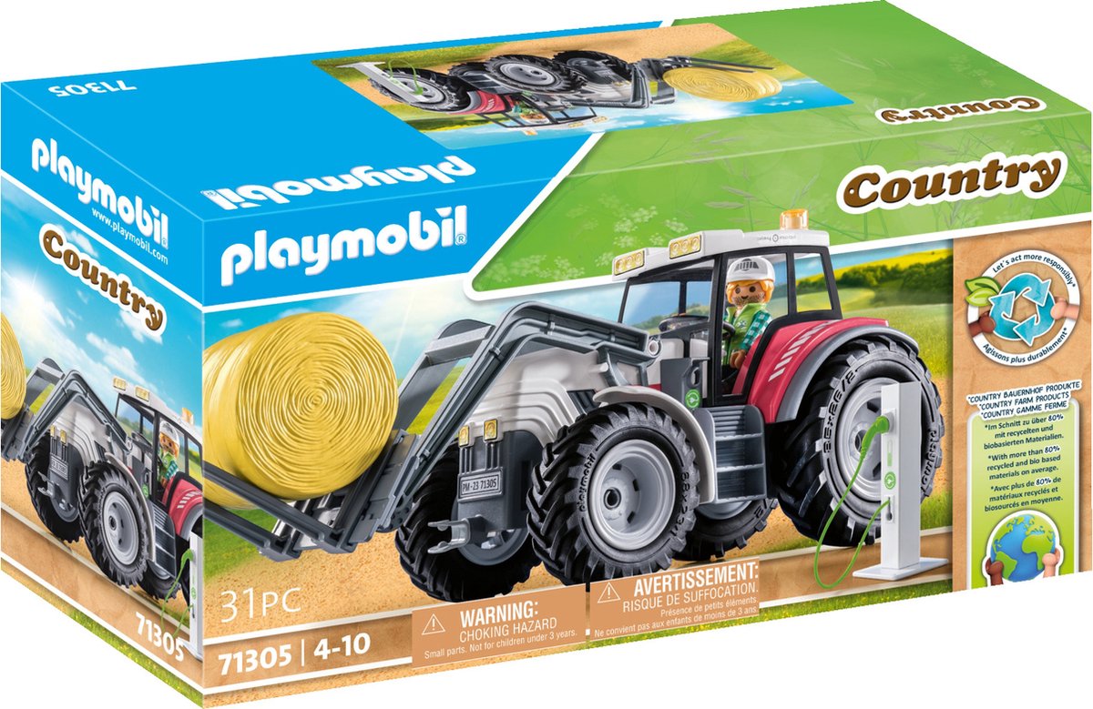 Grand tracteur Playmobil country avec station de recharge et balle de foin - 71305