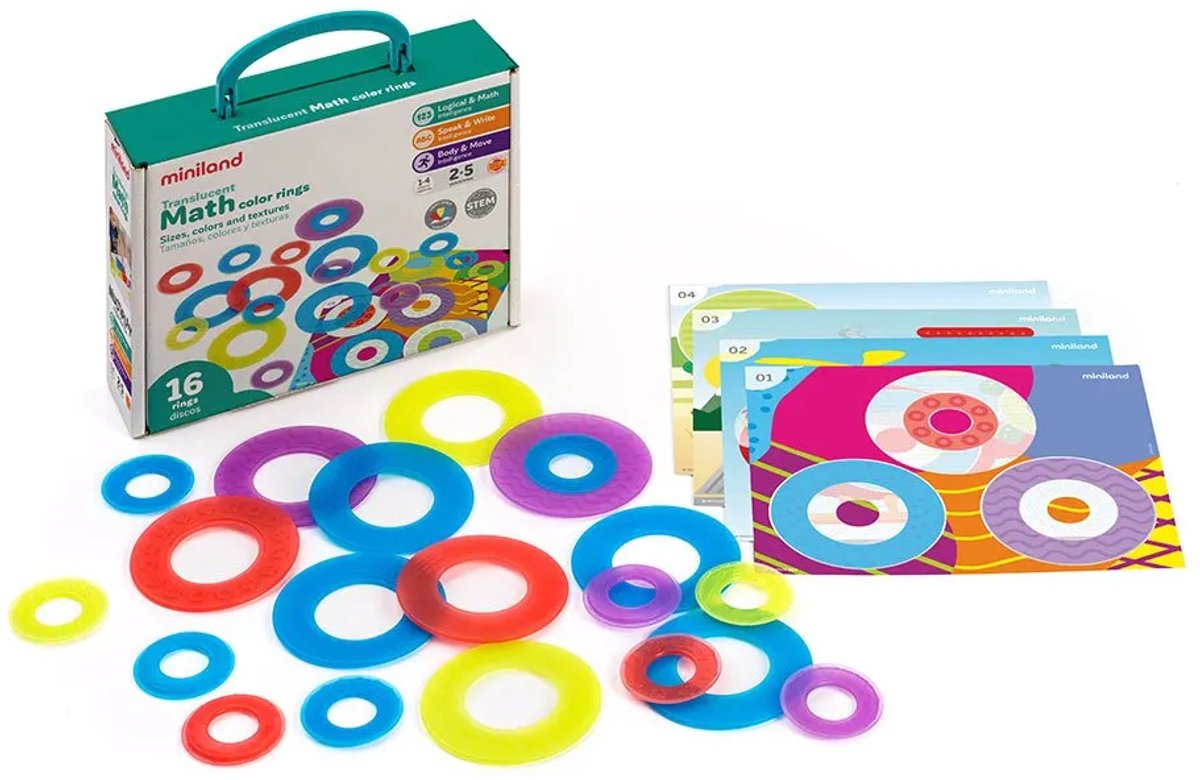Miniland ml transparent: anneaux de couleurs mathématiques diam.9cm, transparent, adaptés pour lightpad, 16 anneaux et 4 cartes à jouer, 2+
