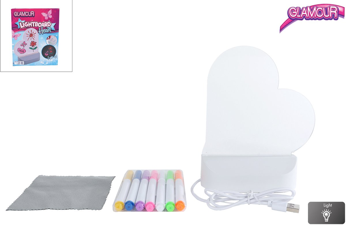 Tableau lumineux Glamour coeur avec connexion USB et 7 marqueurs, 16 cm