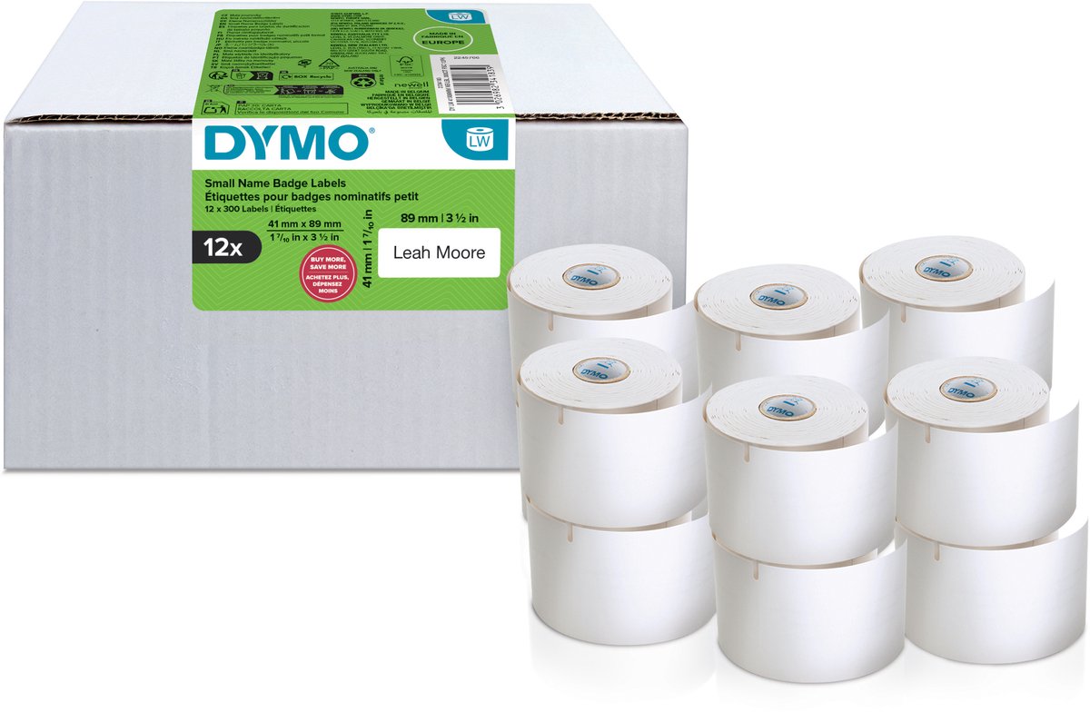 Dymo original labelwriter petites étiquettes de badge nominatif | 41mm x 89mm | self-adhesive | 12 avec 300 étiquettes chacune (3 600 étiquettes autocollantes) | pour les imprimantes d'étiquettes étiqueteuses | fabriqué en europe