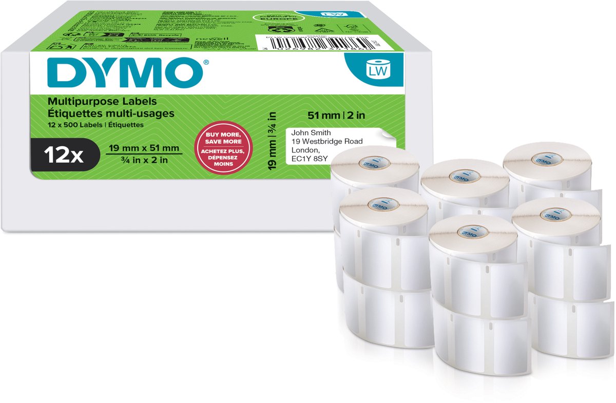 Dymo original petite étiqueteuse étiquettes polyvalentes | 19 mm x 51 mm | 12 avec 500 étiquettes chacune (6 000 étiquettes autocollantes) | étiquettes faciles à retirer | pour imprimantes d'étiquettes labelwriter
