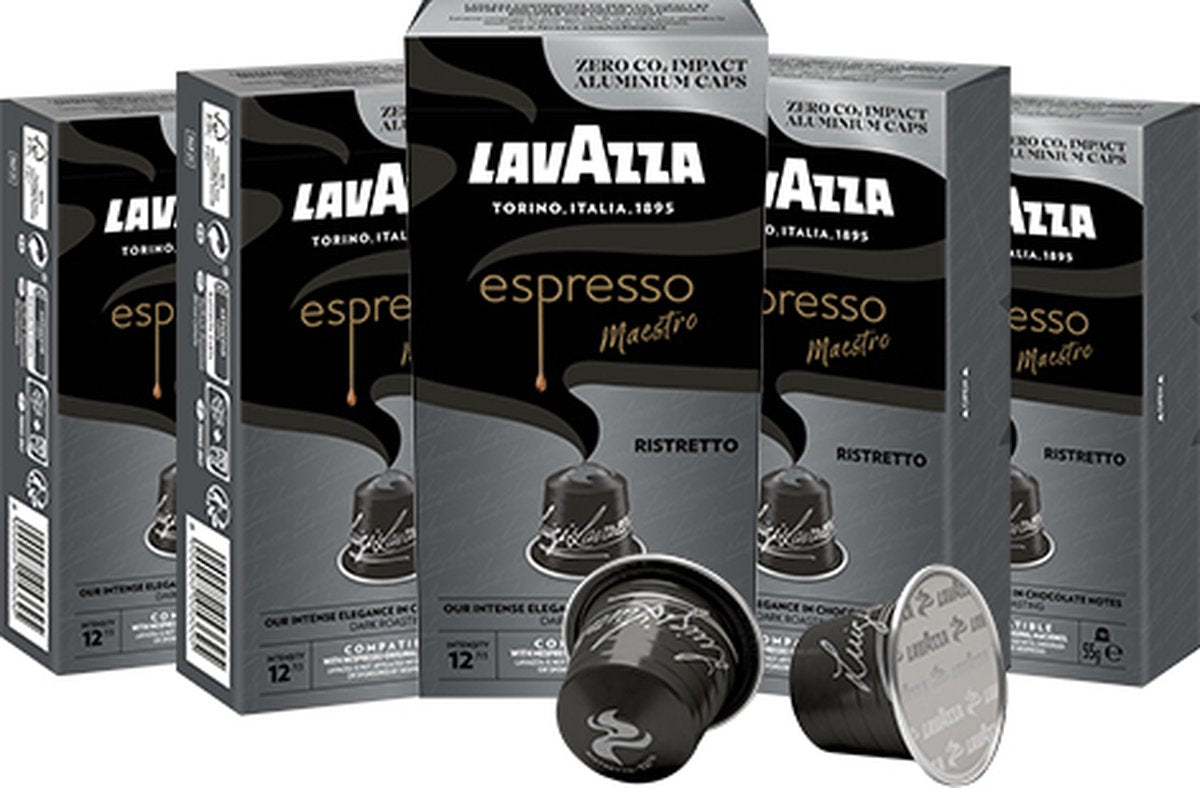 Tasses à café expresso ristretto Lavazza - 100 tasses Nespresso - mélange de café d'arabica Robusta - intensité : 12 13 - 10 x 10 capsules en aluminium