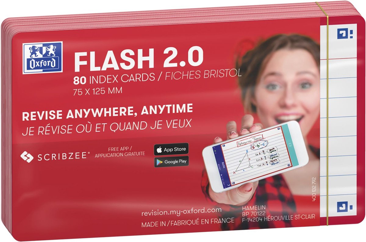 Oxford flash 2.0 - flashcards - ligné - a7 - bordure rouge - 80 pièces