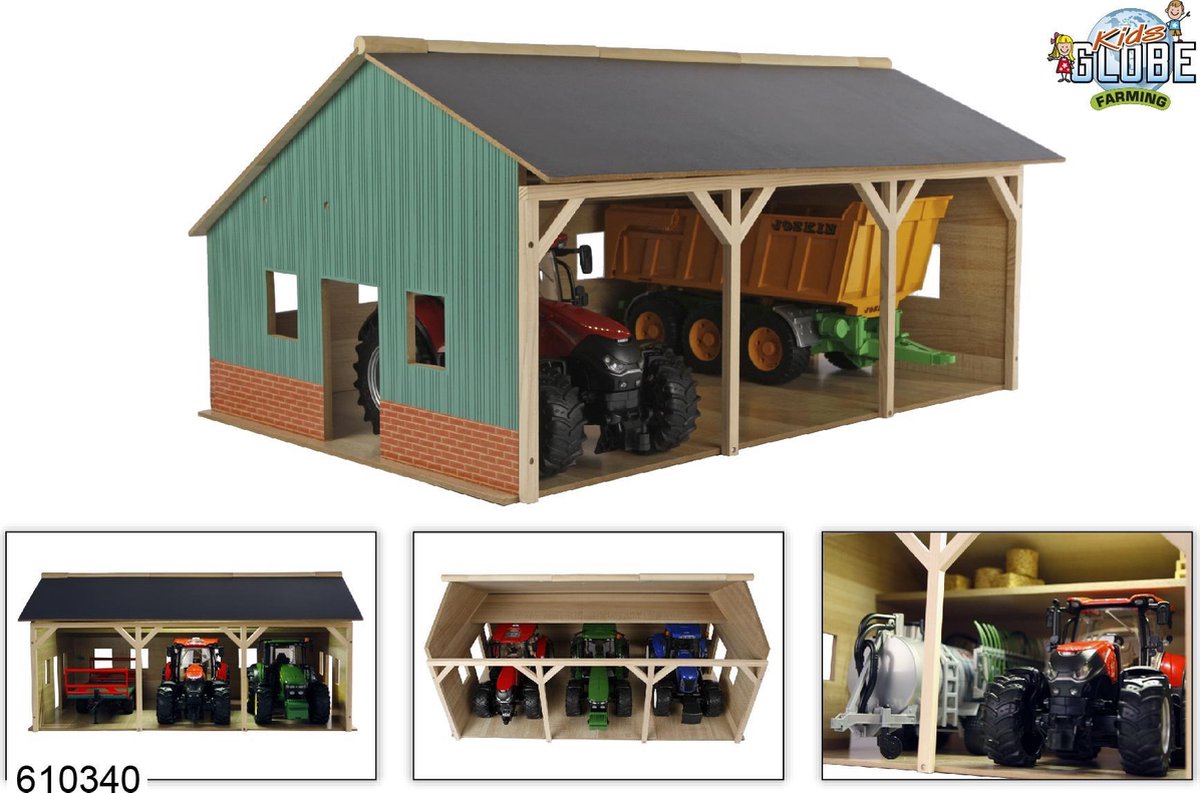 Hangar agricole en bois pour enfants, globe pour 3 tracteurs, 1:16