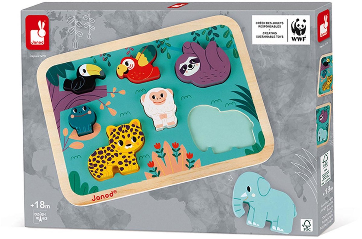 Janod wwf - chunky puzzle jungle - en collaboration avec wwf® - les 7 grandes pièces en forme d'animaux encouragent votre enfant à inventer des histoires amusantes - dès 18 mois