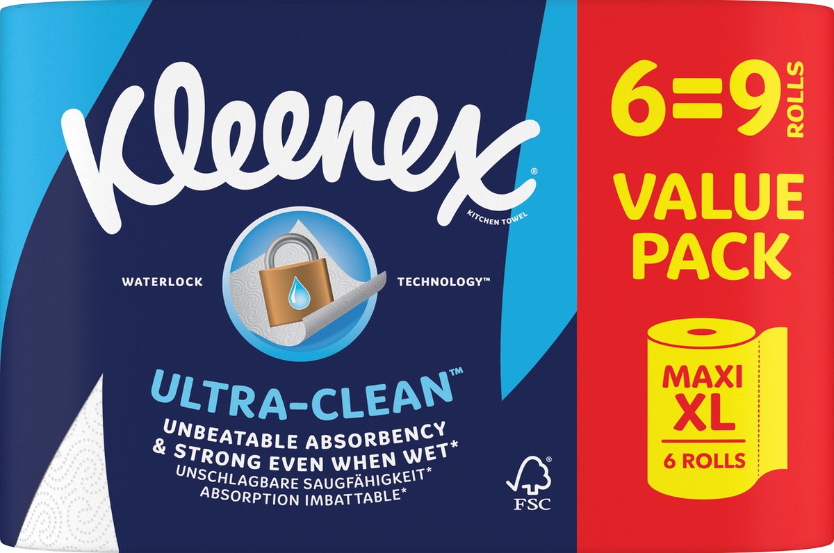 Papier essuie-tout Kleenex - essuie-tout ultra propre - 6 rouleaux maxi xl - pack économique