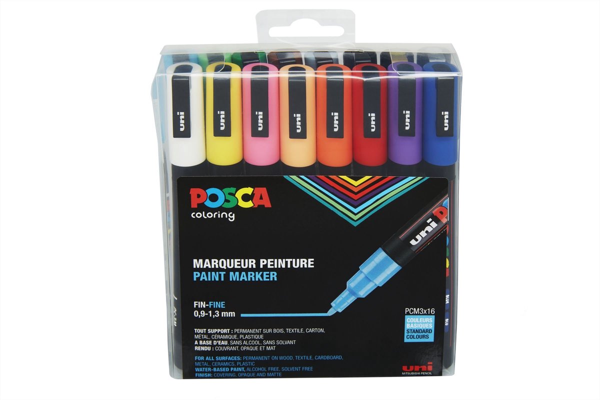 Marqueurs Posca uni couleurs standards - 16 marqueurs - trait pc3m 0,9-1,3 mm