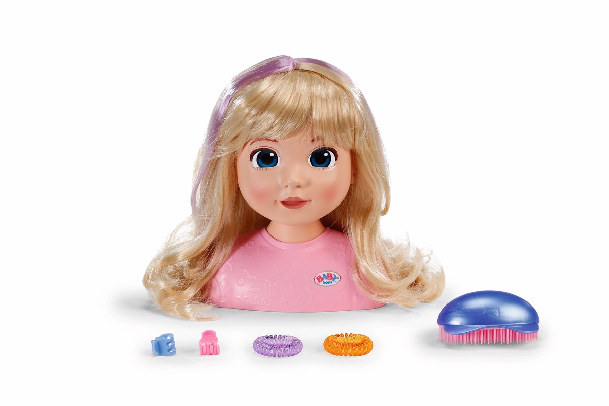 Tête de poupée Carla avec accessoires, tête coiffante pour bébé né.