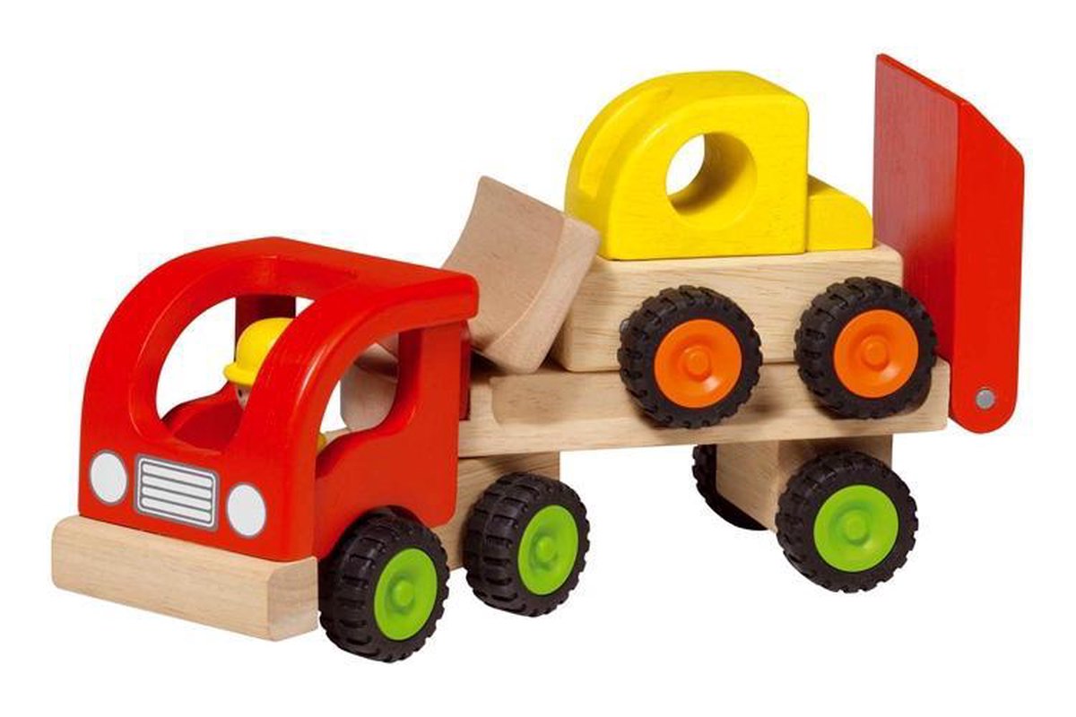 Véhicule en bois Goki : semi-remorque avec bulldozer 34x8,5x12,5cm, avec pneus caoutchouc, 2+