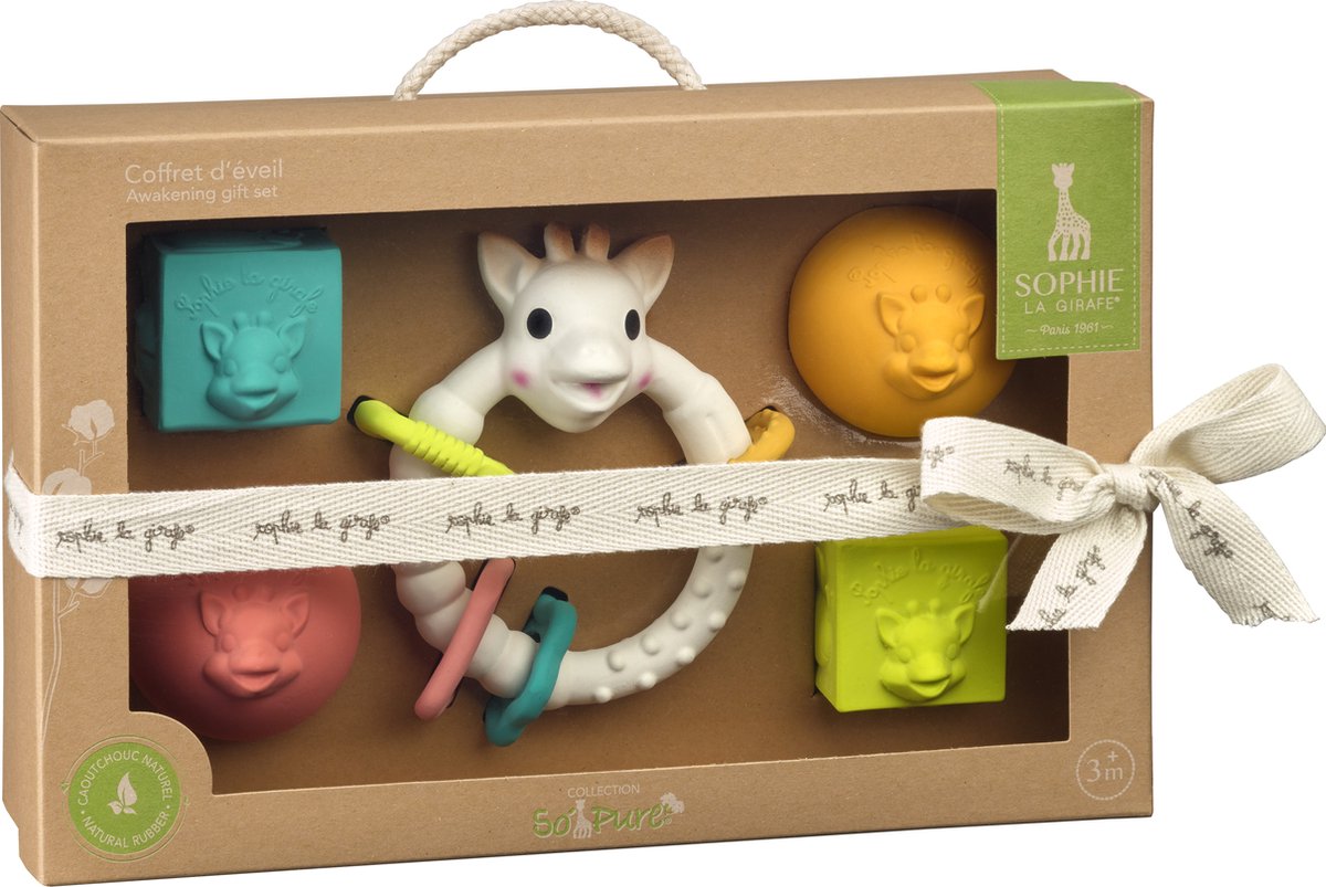 Coffret éveil so'pure Sophie la girafe - blocs, boules, anneau de dentition - jouets bébé - cadeau maternité - cadeau baby shower - 100% caoutchouc naturel - dès 3 mois - 5 pièces