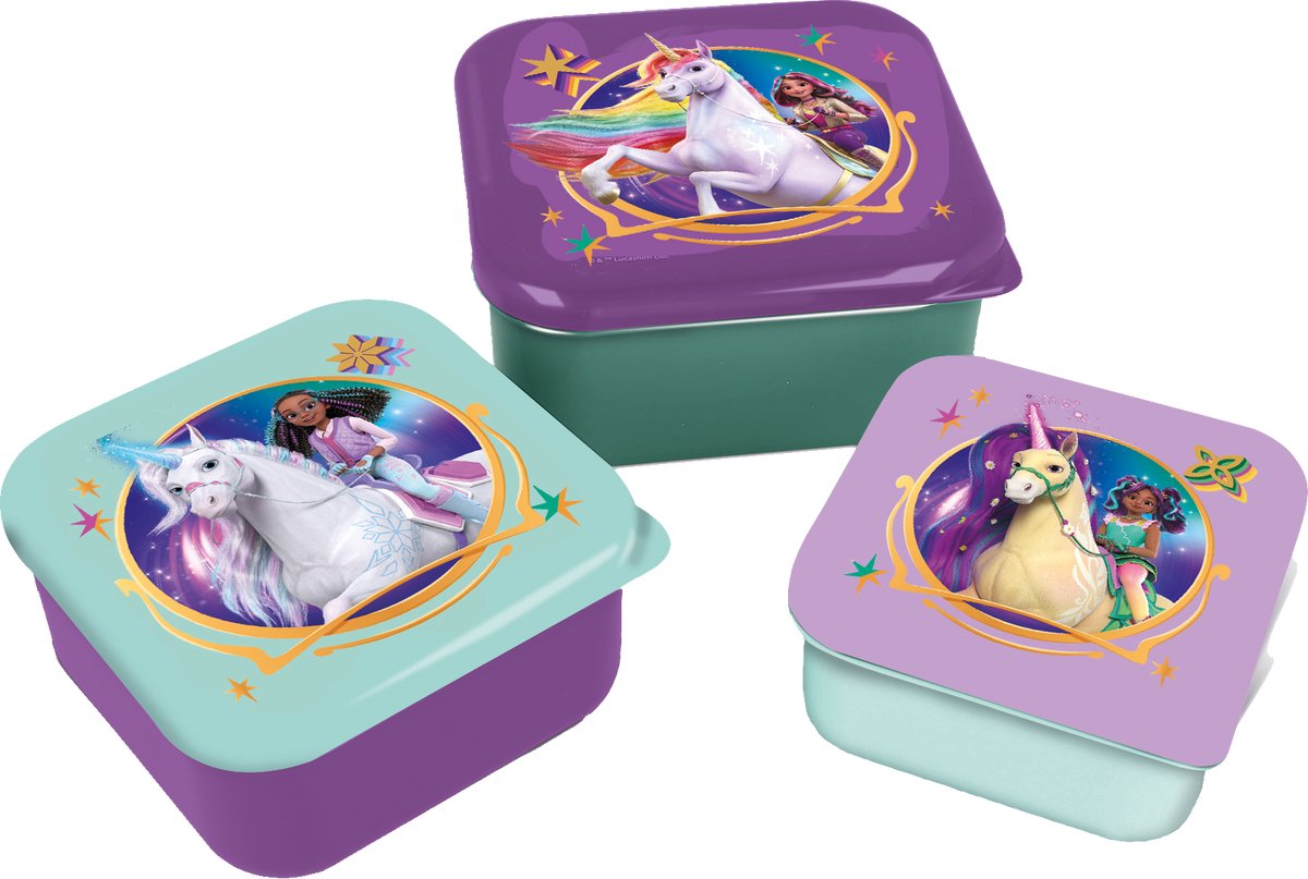 Stor unicorn academy 3-in-1 snackdoosjes - 3 formaten - vierkant - sluit goed af - lunchboxen voor kinderen - los deksel - geschikt voor koekjes, fruit en snacks - paars groen