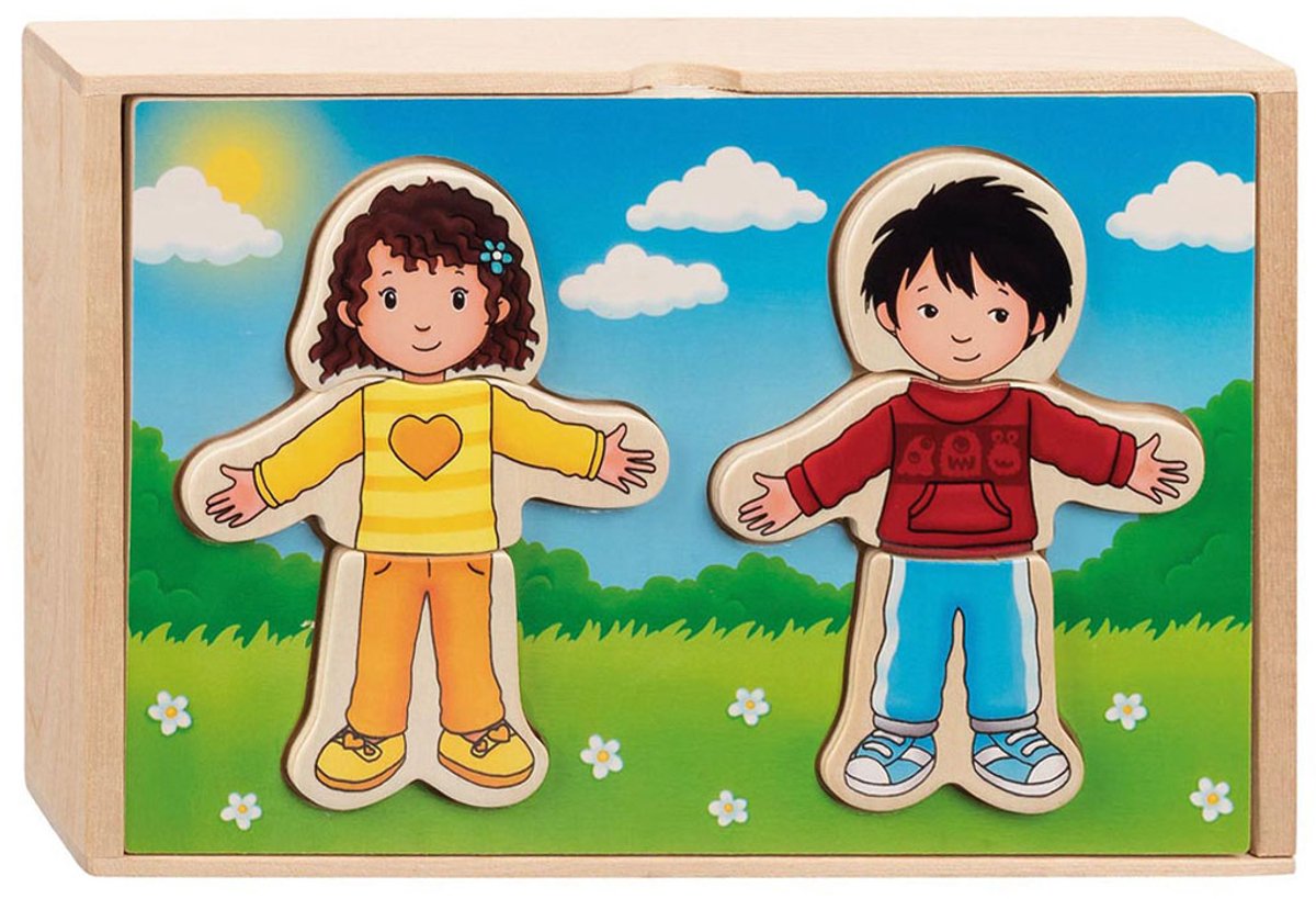 Goki Wooden Dressing Puzzle Boy and Girl in Houten Box, 36st.