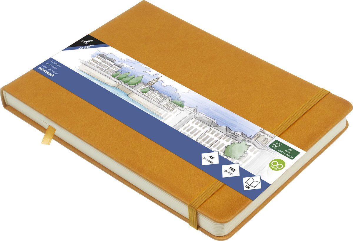 Kangaro schetsboek - a5 landscape - okergeel - pu hardcover - met elastiek en lint - k-861231