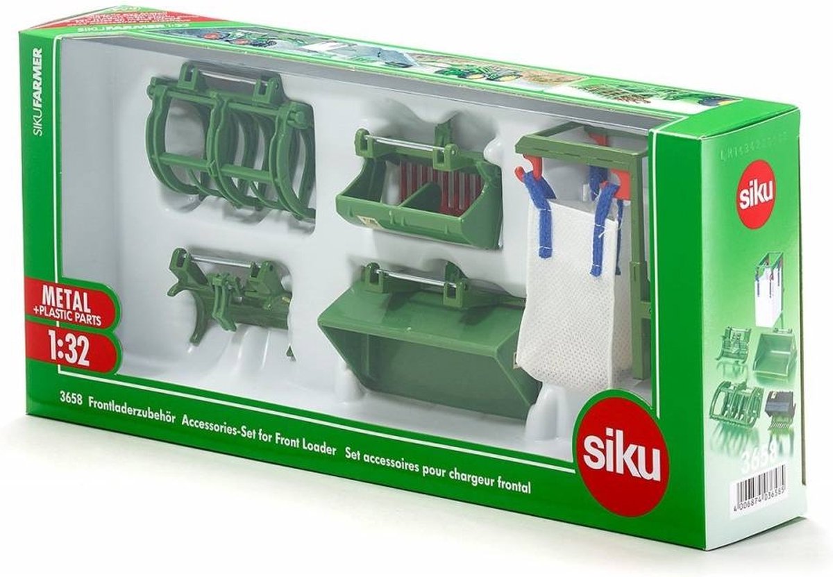 Kit d'accessoires pour chargeur frontal Siku 3658, 5 pièces, 1:32, vert, adapté à tous les tracteurs avec chargeur frontal à l'échelle 1:32