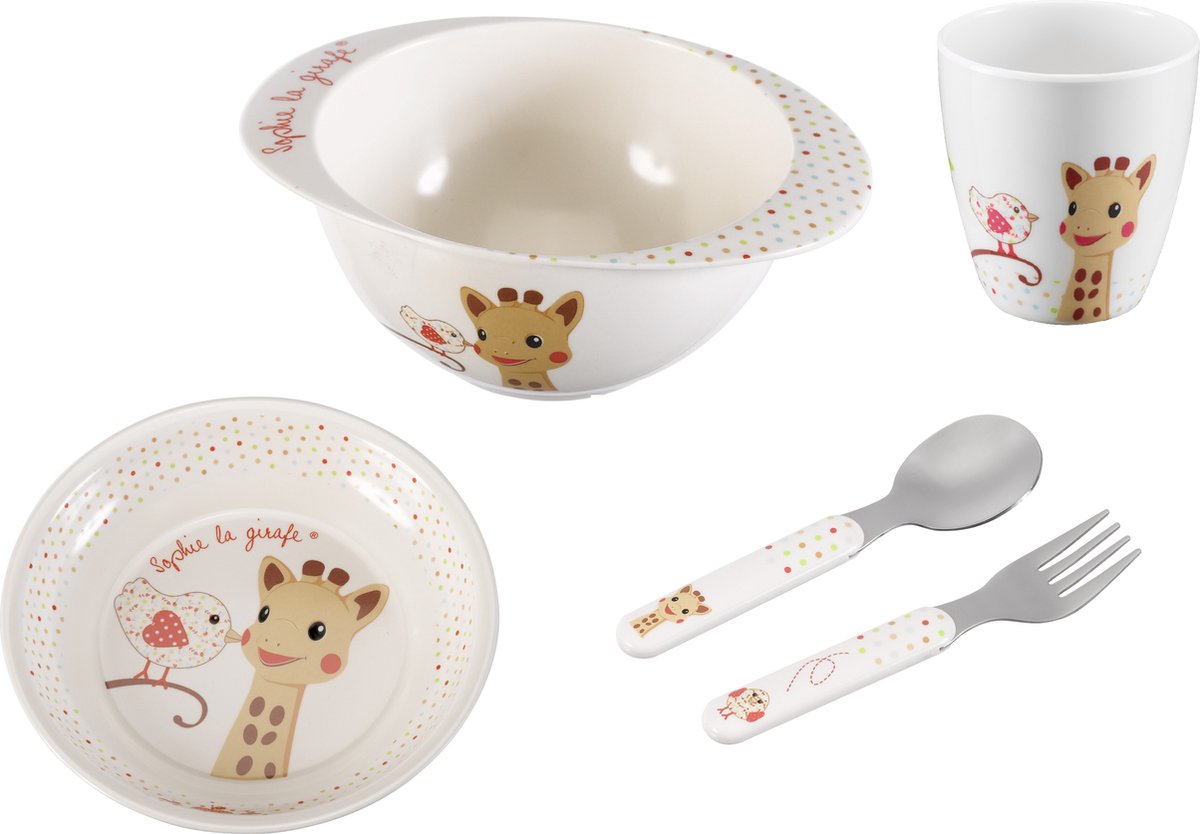 Coffret repas Sophie la girafe - vaisselle enfant - assiette enfant - gobelet - bol - couverts enfant - passe au lave-vaisselle - à partir de 6 mois - 5 pièces - beige rouge