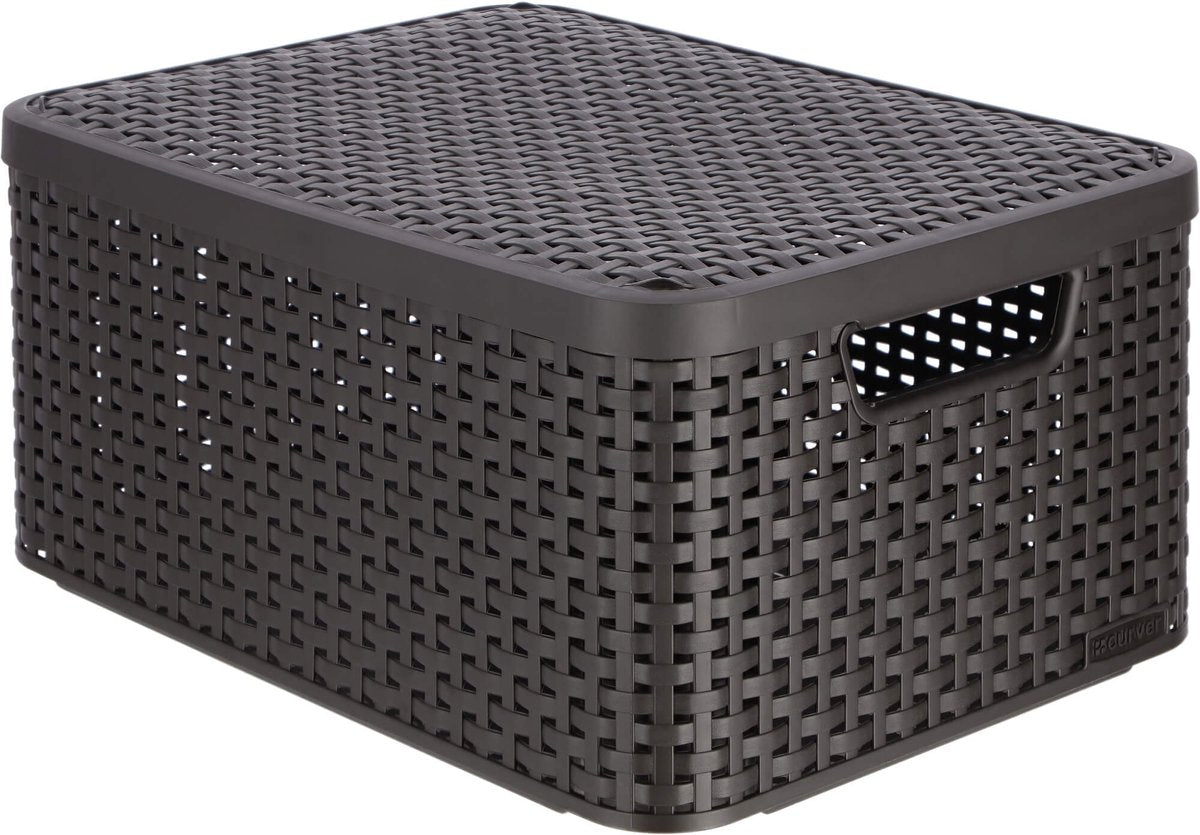 Panier de rangement style Curver m - avec couvercle - l 39,3 x l 29,3 x h 18,7 cm - marron