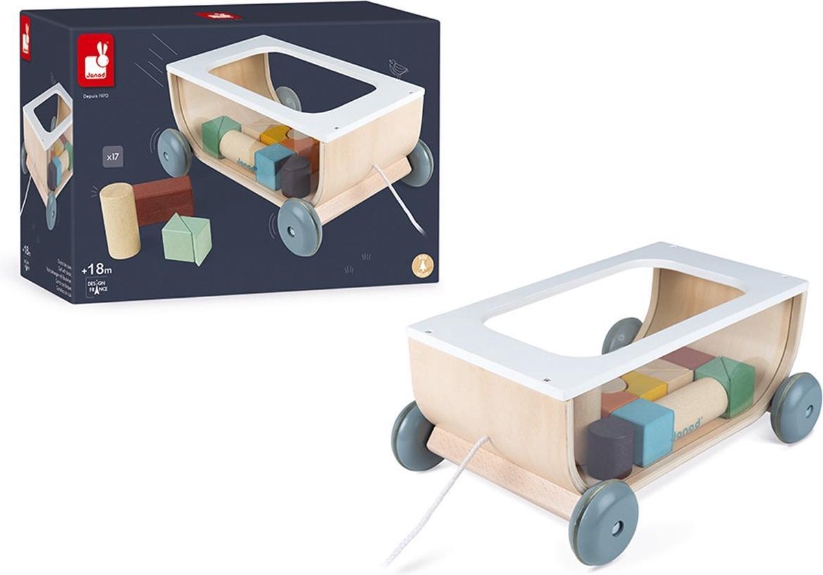 Janod sweet cocoon - chariot à blocs avec 17 blocs en bois - chariot à roues silencieuses - convient à partir de 18 mois