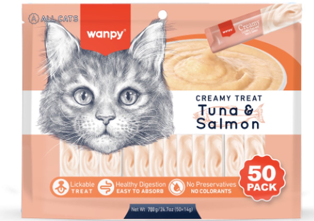 Friandises crémeuses à lécher Wanpy - thon saumon - pack économique 50 pièces - collation pour chat