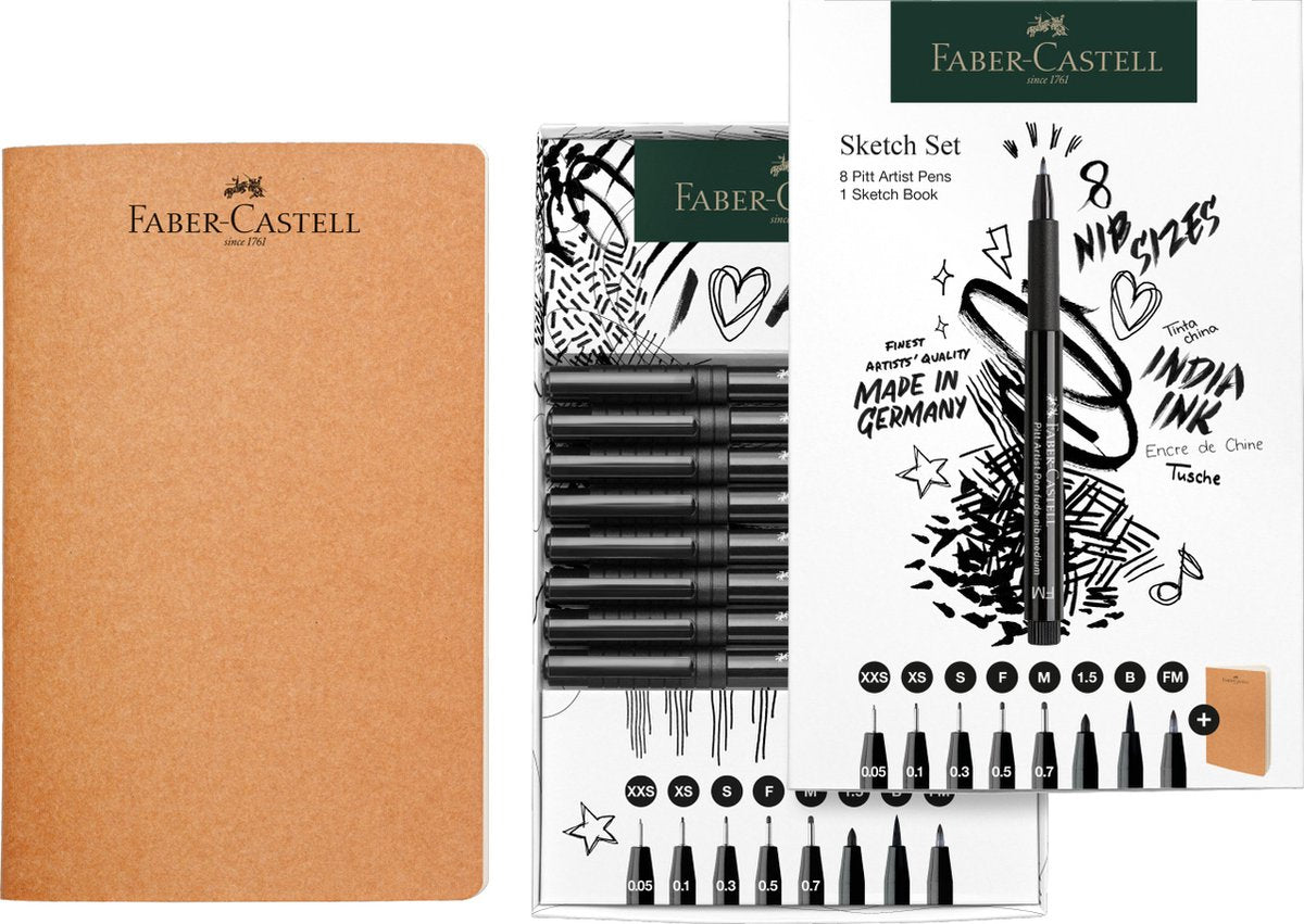 Faber-Castell set de dessin - 8x stylo d'artiste Pitt noir - avec carnet de croquis - fc-267102
