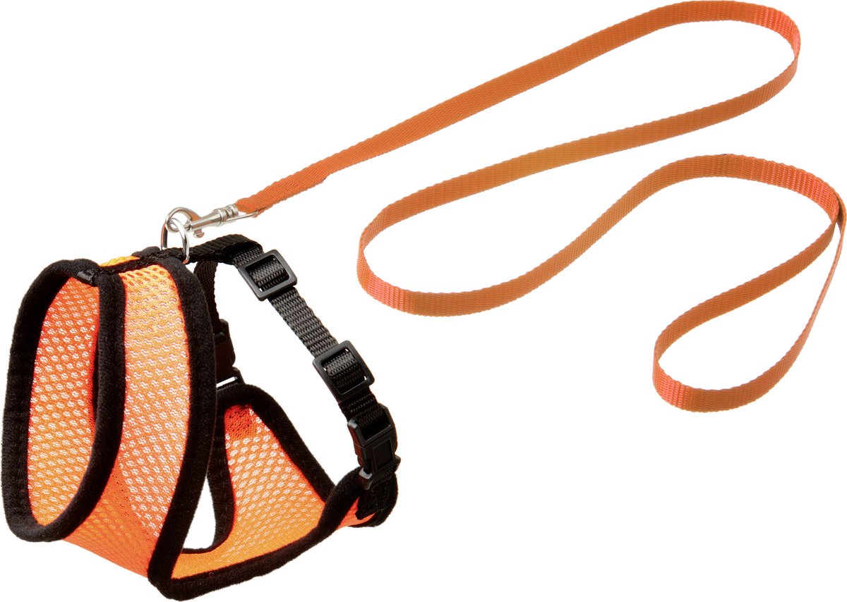 Harnais Flamingo avec ligne de marche pour chat - orange noir - convient pour European Shorthair, British Shorthair, Siamois, Bengal - 32 cm de tour de poitrine