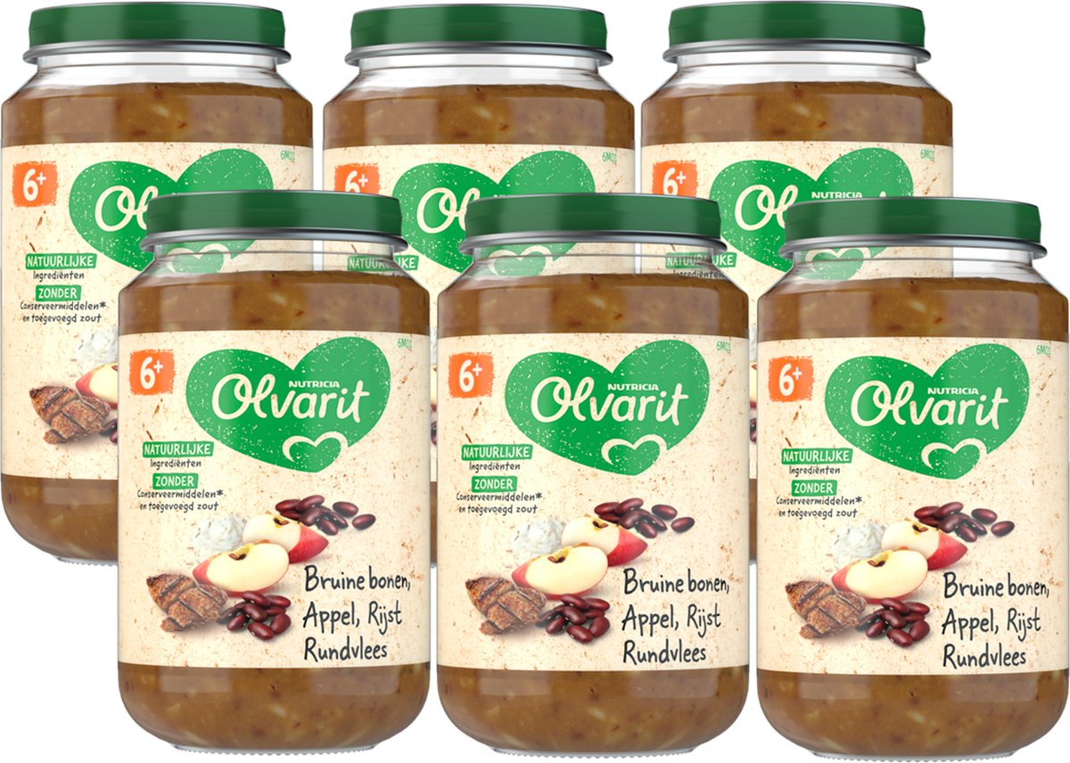 Repas bébé Olvarit 6+ mois – haricots bruns pomme riz bœuf – 6 x 200g