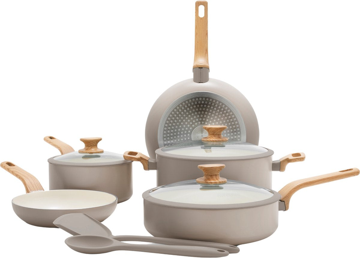 Greenpan essence set de poêles 10 pièces - 18 20 24 26 cm - revêtement antiadhésif sans PFA - set de poêles à induction - poêle en céramique - passe au four jusqu'à 160°c - poignées effet bois - poignées froides - avec couvercle en verre - taupe