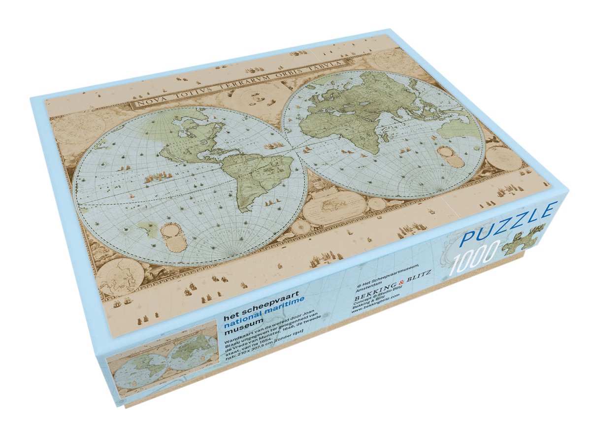 Bekking blitz puzzel (1.000 stukjes): wandkaart van de wereld door joan blaeu, het scheepvaartmuseum