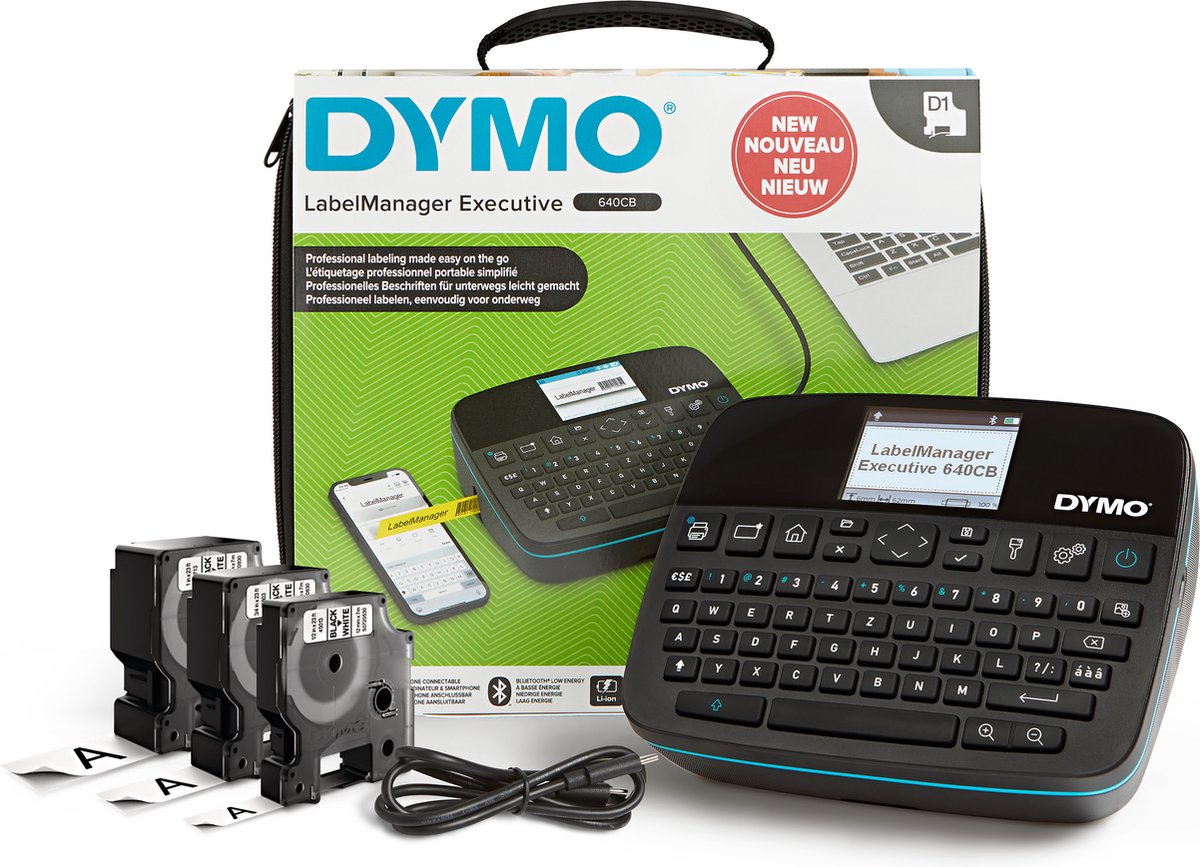 Kit d'imprimante d'étiquettes portable Dymo Label Manager Executive 640 cb avec étui de transport et 3 cassettes d'étiquettes | étiqueteuse qwertz compacte | Connectivité USB Bluetooth | compatible avec les étiquettes d1