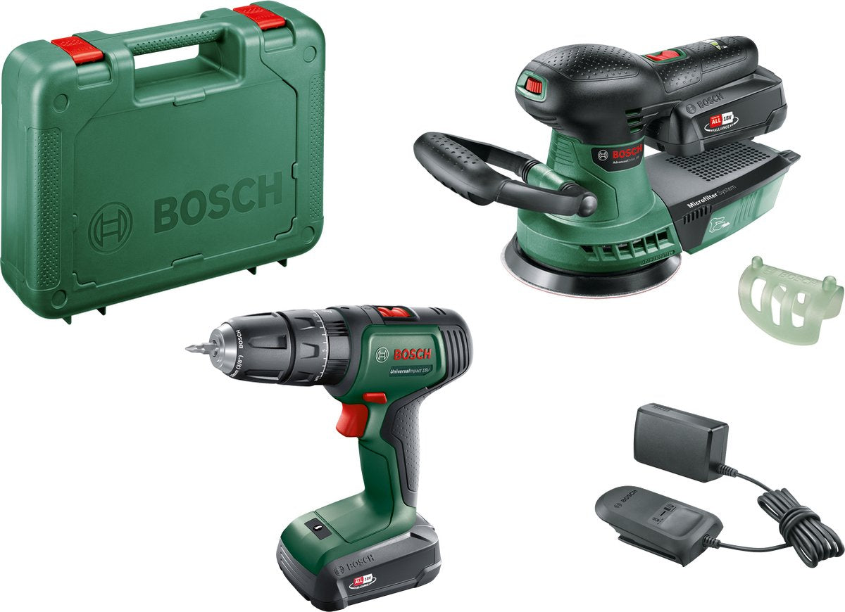 Ensemble combiné d'outils Bosch - perceuse-visseuse à percussion sans fil universalimpact 18 - ponceuse excentrique advancedorbit 18 - avec 2x batterie 18 V et chargeur - incl. cas